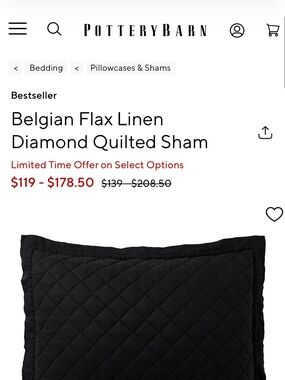 Pottery Barn Belgian Flax Linen Diamond Quilted Sham - Black set of 2